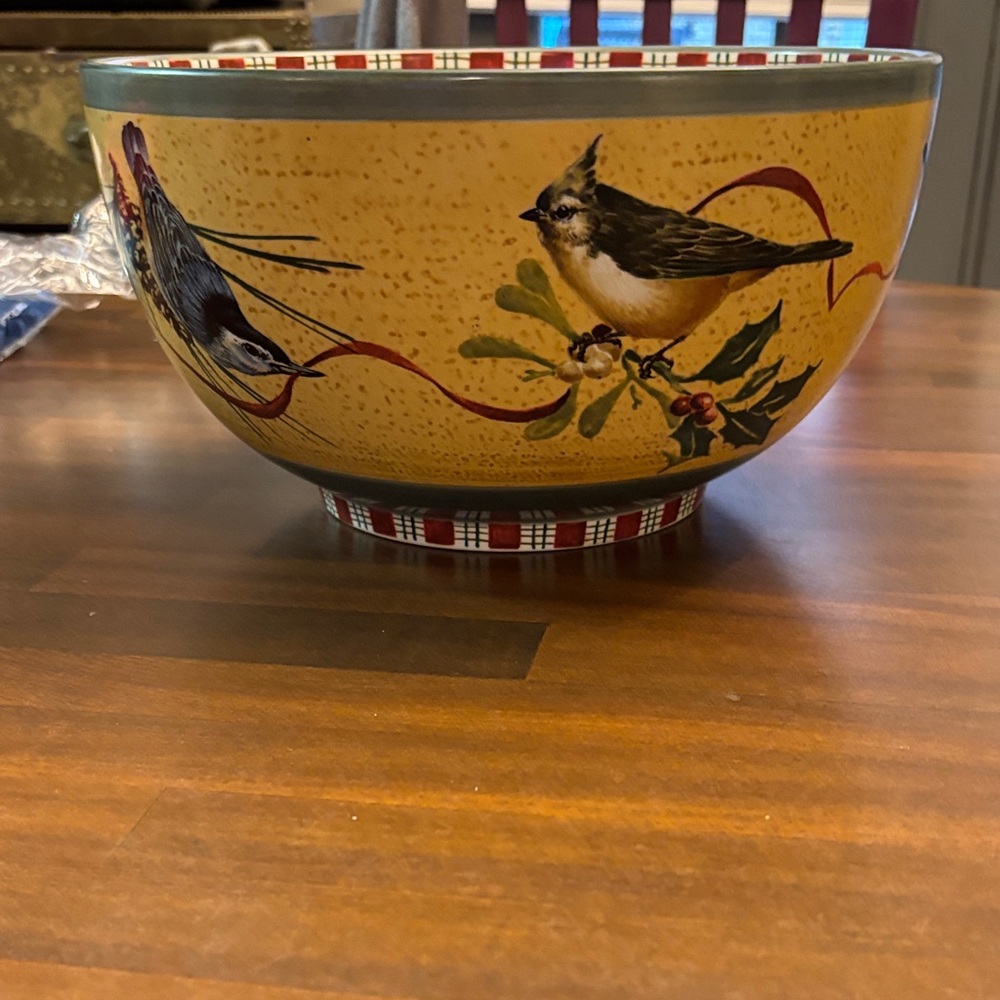 Vintage Lenox seasons greeting 11 inch salad bowl does have a chip in the bowl